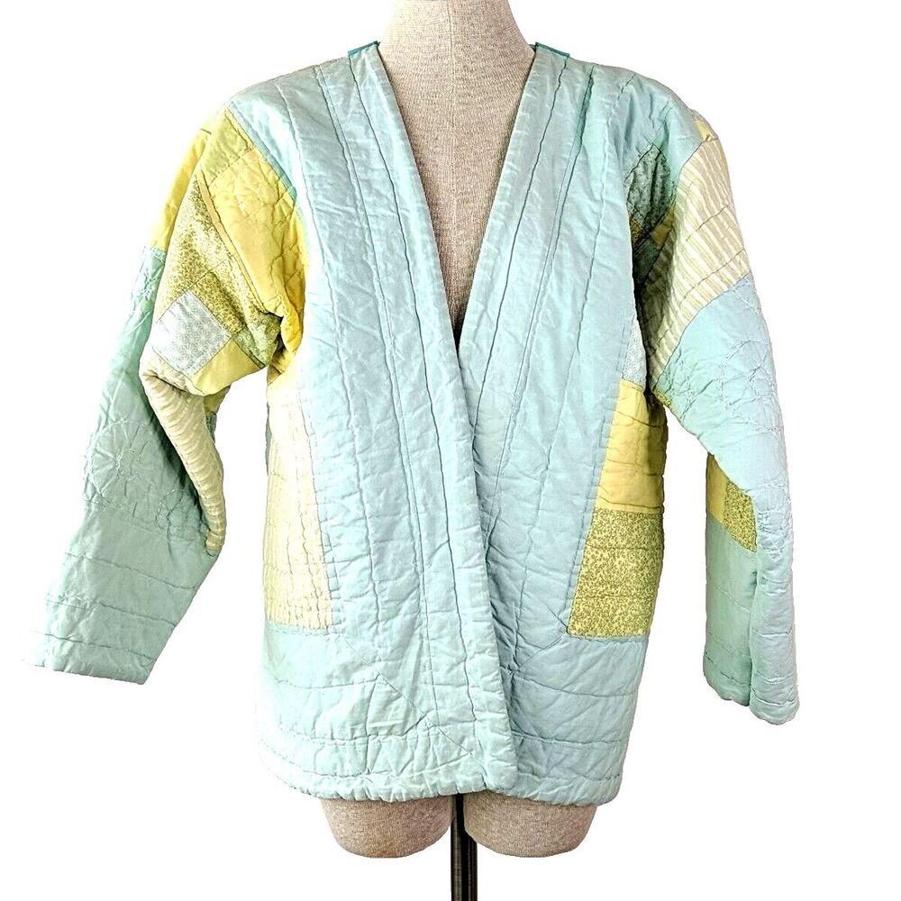 Quilted Patchwork Utility Jacket In Green And Yel… - image 2